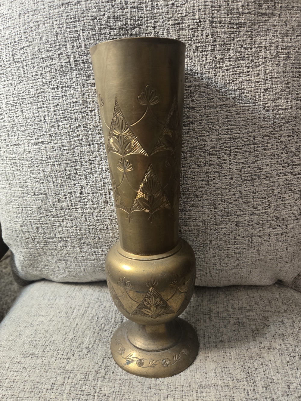 Brass Decorative Etched Vase Original Patina Finish 12" Stunning